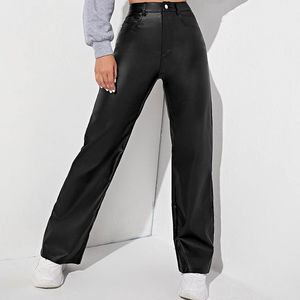 Pantalones rectos de pierna ancha y cintura alta para mujer, pantalones con aspecto de cuero, bolsillos personalizados, estilo Hip Hop transpirable para invierno - Product Image 5