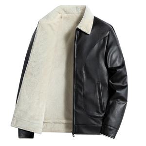 แจ็กเก็ตหนังสีดำและสีขาวเคลือบสำหรับผู้ชายคอตั้งมีซิปมีฮู้ด6XL ขนาดสำหรับฤดูหนาวขายส่ง - Product Image 2