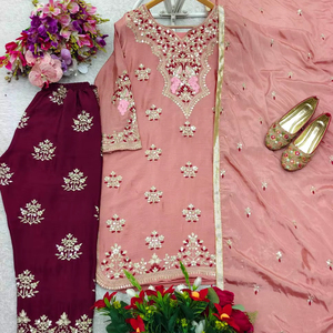 Tennecy Designer Women's <b>Wedding</b> Wear Pure Cinon Silk <b>Top</b> & Pent & Dupatta Set Fully Stitched Ready to Wear - Product Image 1