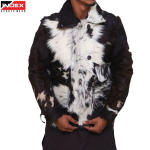 Chaqueta de Cuero Vacuno Genuino para Hombre, Estilo Motero, Estampado de Vaca Blanco y Negro, Chaqueta de Invierno - Product Image 1