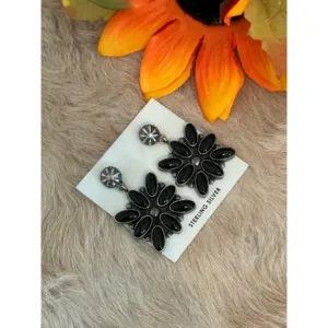 Jacqueline Silver <b>Onyx</b> & Sterling Silver Flower Stud <b>Earrings</b> with Pear Cut Diamond and Pearl - Product Image 3