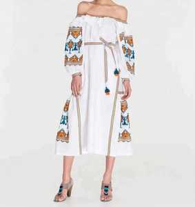 Vestido largo de hombro al aire bordado para mujer, traje largo ajustado con Concha, para trabajo a mano - Product Image 3