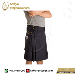 Kilt utilitaire pour homme en coton et jean, style tartan plissé moderne, fournisseur en gros - Product Image 3