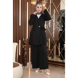 MSW19106-1 Ensemble décontracté noir avec détail ceinture, hauts mi-longs à col rond et manches longues, 100% polyester - Product Image 4