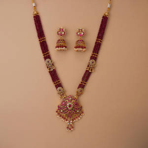 Romantic Antique Matte Gold Plated Long Pendant <b>Set</b> with Pearls Fashion <b>Jewellery</b> <b>Indian</b> Wholesalers - Product Image 3