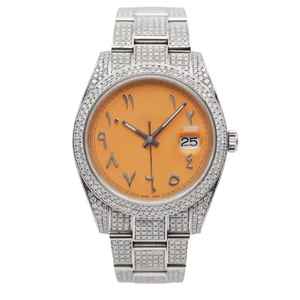 Timeless Design Moissanite Diamond <b>Watch</b> with Orange Dial and <b>Arabic</b> <b>Numerals</b> Luxury Hip Hop Style Antique Look Stainless Steel - Product Image 4
