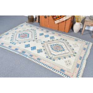 Alfombra Turca Vintage de 4.2x7.4 pies (128x225 cm), Alfombra a Rayas Azul y Blanca - Product Image 3