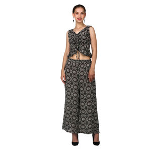 Ensemble coordonné tendance pour femme : crop top et pantalon large, imprimé géométrique moderne, volants, sans manches, à nouer devant, confortable, longueur au sol - Product Image 1