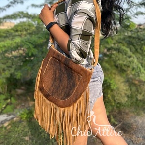 Nouveau Style occidental cheveux sur cacher fourrure en cuir véritable frange sacs haute qualité Boho Style femmes en cuir véritable frange sacs à bandoulière - Product Image 1