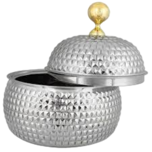 Cacerola moderna de acero martillado plateado Halo con tapa compacta para buffet y regalos - Product Image 1