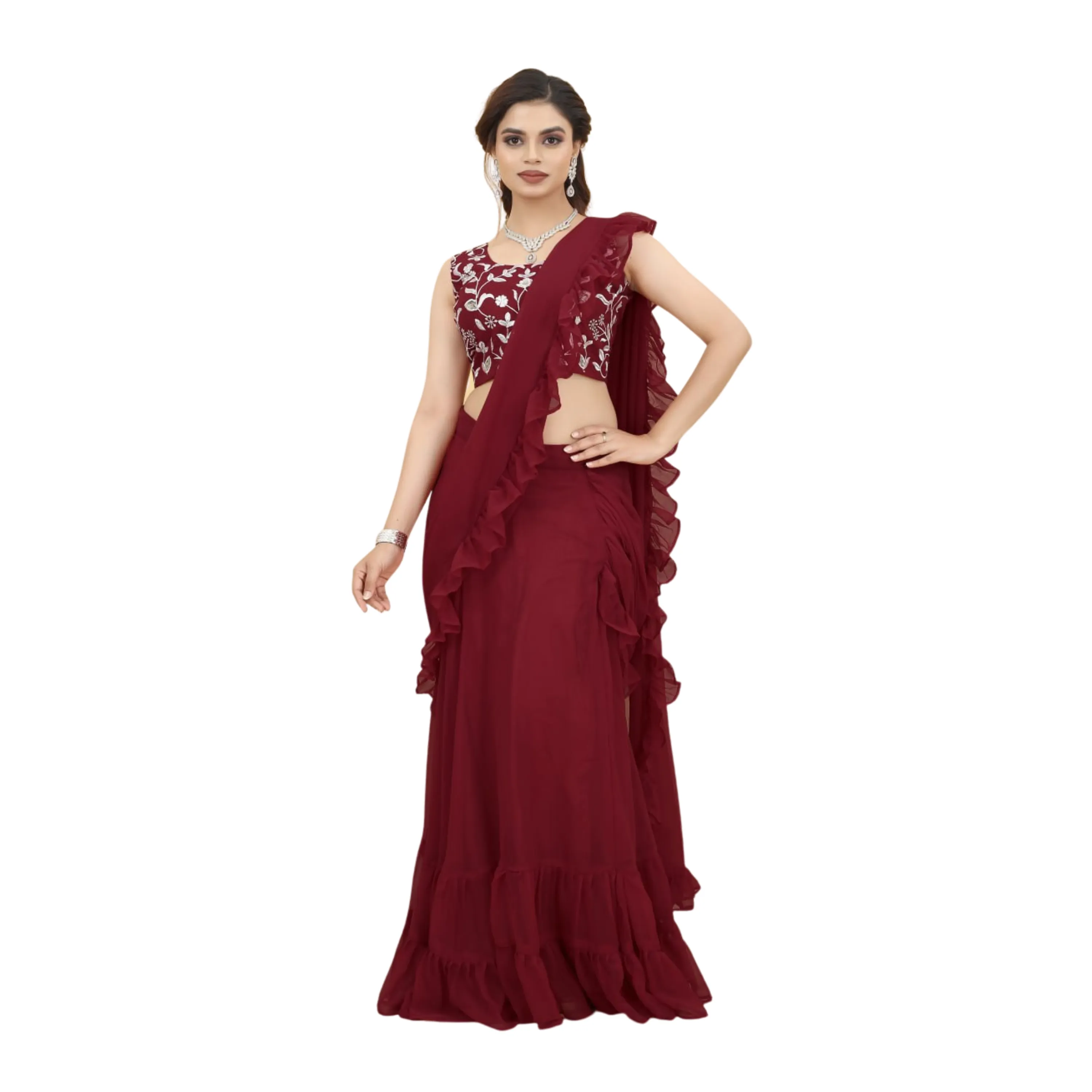 Readymade Indian Georgette Embroidery Sequence Work Maroon Zul Lehenga Saree、パーティーウェア衣装ドレス低価格手作り