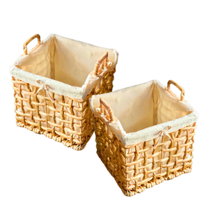 CESTA cuadrada hecha a mano de jacinto de agua de ratán con marco de metal, forro de tela, manijas dobles - Product Image 1