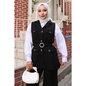 MSW19249-1 Ensemble gilet décontracté noir avec accents de poches et design élégant, longueur midi, coupe régulière, 100 % polyester - Product Image 2