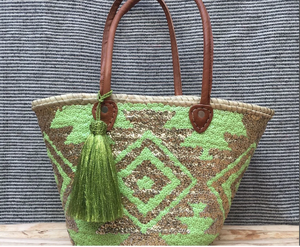 Sac en paille de qualité supérieure, magnifique, avec paillettes dorées et pistache |   Sac de plage en paille tressée avec poignées en cuir - Product Image 1