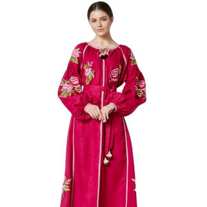 Vestido bordado personalizado con manga de globo, cuello en V, longitud media, diseño a la moda, estilo ucraniano - Product Image 1