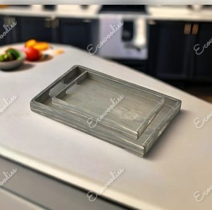 Bandeja de desayuno con mango en forma de rectángulo hecha a mano de madera gris Vintage multifuncional para bebidas, aperitivos, Juego de 2 bandejas grises - Product Image 2