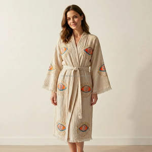 Bata de baño unisex de algodón de lujo con estampado de bloques, ligera, de lino tejido, transpirable, para primavera, verano y todo el año, ropa de dormir y de descanso. - Product Image 5