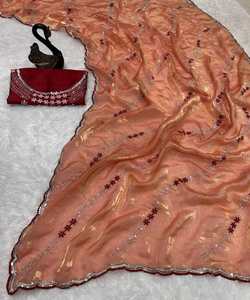 SAREE DE TRAVAIL EN JACQUARD DE SOIE BLEU AVEC CHEMISIER NON COUDU saris de fête mariage PRIX DE VENTE ENTIER VÊTEMENT ETHNIQUE - Product Image 3