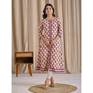 Kurti Aline de Algodón Estampado en Bloques Rosa para Niñas/Señoras, Última Moda Étnica India, Prenda Cosida para Uso Diario y Ocasiones Especiales, Estilo Butti - Product Image 4