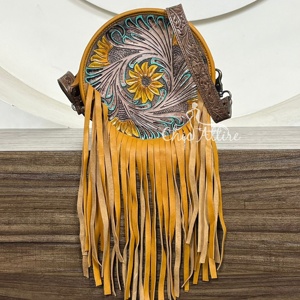 Tournesol Style occidental usiné à la main en cuir véritable rond frange sacs à bandoulière pour femmes Design de luxe fermeture éclair rond cercle sacs - Product Image 1