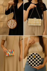 Bolso de Mano de Lujo Hecho a Mano, Duradero y Ecológico, de Madera y Resina, con Diseño Geométrico Incrustado, Cadena Cruzada, Logotipo Personalizado, Bolso de Noche - Product Image 5