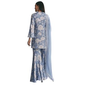 Abito blu Sharara con stampa floreale in mussola con ricamo Moti per le donne indiano festa di nozze e vestito tradizionale - Product Image 5