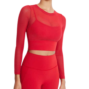 Haut de sport en maille à séchage rapide pour femme, col rond sexy, manches longues, haut de yoga avec coussinets fixes pour vêtements de course - Product Image 1