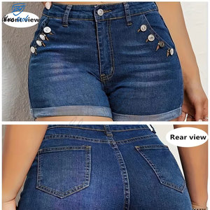 High Quality Women High Waist Denim Shorts <b>Washed</b> Quick Dry & Breathable Button Fly Casual Summer Wholesale - Product Image 4