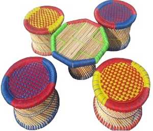 Elegante juego de taburetes otomanos de mimbre de caña de bambú de primera calidad con mesa para sala de estar, cafetería, restaurantes de interior y exterior - Product Image 4