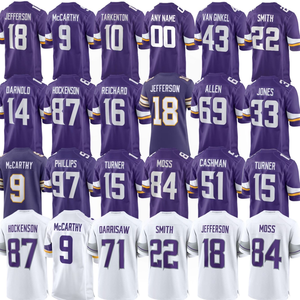 Venta al por Mayor de Camisetas Bordadas de Fútbol Americano de Minnesota, Nueva Temporada 18, Jefferson 69, Allen 3, Addison Vikings - Product Image 1