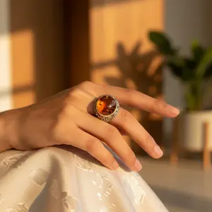 Bague statement en argent 925 pour homme, incrustée d'une pierre précieuse ambrée, style bohème vintage tendance, taille unique, bijoux religieux chrétiens, cadeau - Product Image 3