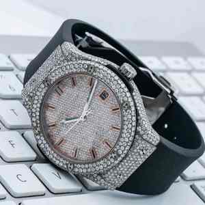 Reloj de Pulsera de Acero Inoxidable con Esfera de Oro Rosa con Incrustaciones de Diamantes Moissanite de Corte Antiguo, Movimiento Automático ETA, Correa de Cuero Negro, Resistente al Agua - Product Image 4