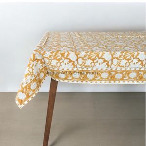Mantel amarillo de algodón hecho a mano indio hermoso bloque de mano impreso cubierta de mesa de algodón para mantel de boda para la venta - Product Image 1