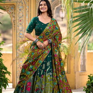 Nouveau lancement femmes Tussar soie Kalamkari impression avec bordure de travail en feuille avec Lehriya Lehenga Choli Se - Product Image 1