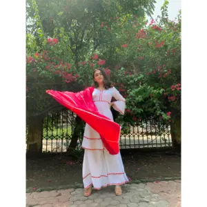 Traje de Rayón para Mujer, Diseño de Exportación India, Cuello en V, Bloques de Color, Estilo Indie Folk, Transpirable, Ecológico, con Decoración de Encaje - Product Image 4