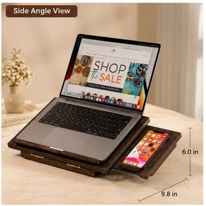 Handcrafted Eco-friendly Wooden Laptop Stand Phone Holder Single <b>Rustic</b> Design Dark Brown Rectangle Office <b>Desk</b> Organizer 15.0 X - Product Image 3