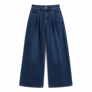 Jean en denim délavé taille haute pour femme, coupe ample, jambe large, longueur intégrale, en coton, décontracté, avec plis sur le devant, idéal pour le printemps, OEM ODM - Product Image 3