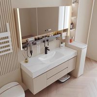 Meuble-lavabo mural de salle de bain style nordique avec vasque en pierre frittée courbée à chaud, miroir intelligent et rangement
