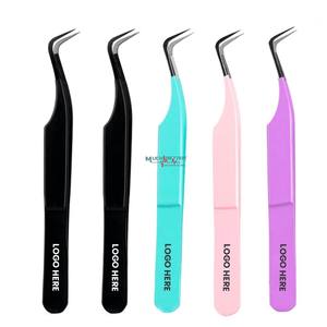 Pince à épiler d'extension de cils de haute qualité en acier inoxydable pointe en fibre lisse isolation incurvée rose vif vert violet - Product Image 6
