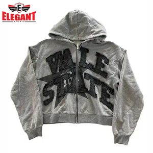 No Pocket Zip Up Style Blank Over Sized Patch Printing Acid Washed Distressed Embroidery Hoodie By ELEGANT SPORTS - Product Image 5