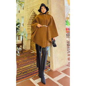 Women's Tan Belted Lamb <b>Poncho</b> Elegant Faux Fur Coats - Product Image 1