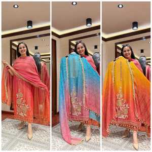 Ensemble Kurti en soie Chinon pure douce de qualité supérieure tenue 3 pièces élégante avec tissu confortable parfait pour une tenue de fête et décontractée quotidienne - Product Image 6