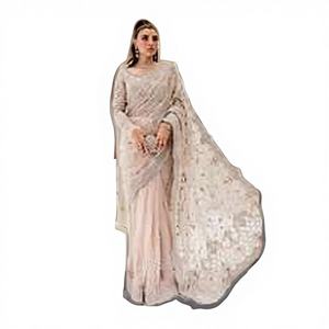 Sari en Chiffon de Polyester Moderne International Fashionista pour Femme, Imprimé Floqué, Travail Manuel, Séchage Rapide, Toutes Saisons, Style Fête, Diwali - Product Image 1