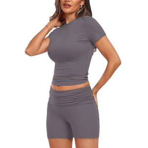 Conjunto de Yoga de 2 piezas para mujer de gran calidad Patrón sólido de cintura media transpirable con cierre elástico Posición del logotipo delantero y trasero - Product Image 3