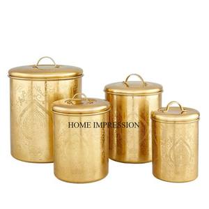 Juego grabado de diseñador Vintage chapado en oro de alta calidad de 4 utensilios de cocina de forma cilíndrica caja de lata de Metal para almacenamiento de alimentos y otros artículos - Product Image 1
