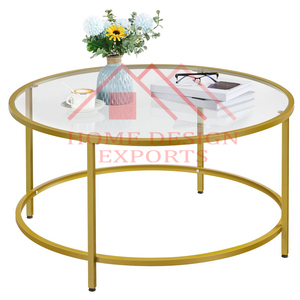 Mesa de centro de metal decorativa para el hogar con acabado dorado con muebles decorativos superiores de vidrio para sala de estar - Product Image 1