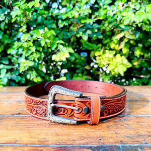 Classic Floral Hand Carved Genuine <b>Leather</b> <b>Belt</b> with Western Style Buckle Garrison Carving & <b>Tooling</b> for Casual Use - Product Image 1