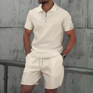 2025 hombres Europa y los Estados Unidos nuevo verano Waffle color sólido cremallera solapa manga corta traje pantalones cortos dos conjuntos - Product Image 2
