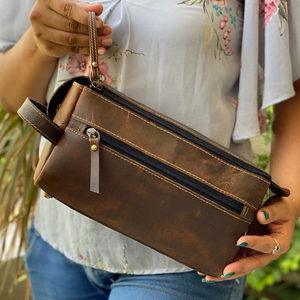 Bolsa de aseo de cuero genuino para hombre y mujer, kit de herramientas de aseo, bolso de cuero marrón, Unisex - Product Image 1