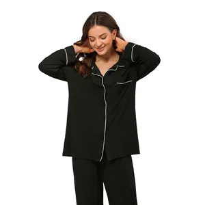 Hot Selling Viscose Bamboo Button Down Pajamas Long Sleeve Top and Pants 2 Pieces Sleepwear Womens Pyjamas Sets For Woman